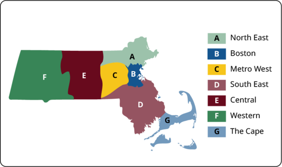 Map of Massachusetts with regions identified by color and a letter over each region. The letters correspond to areas in the legend.