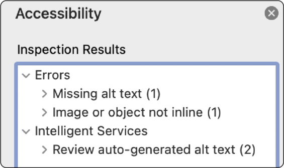 Accessibility checker pane showing errors of missing alt text, floating images, and auto generated alt text