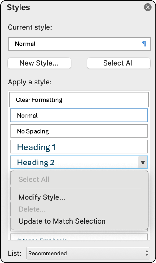 Word styles pane, drop down list open to modify the style on one of the headings.