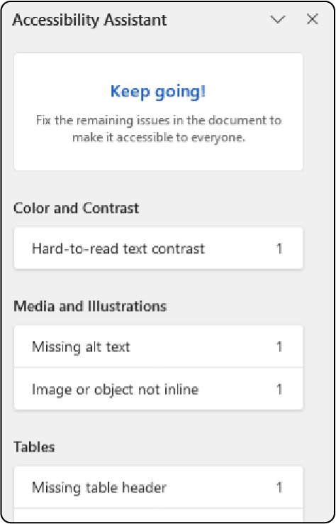 Accessibility assistant panel in word for windows, showing color contrast, media and illustrations, and table accessibility