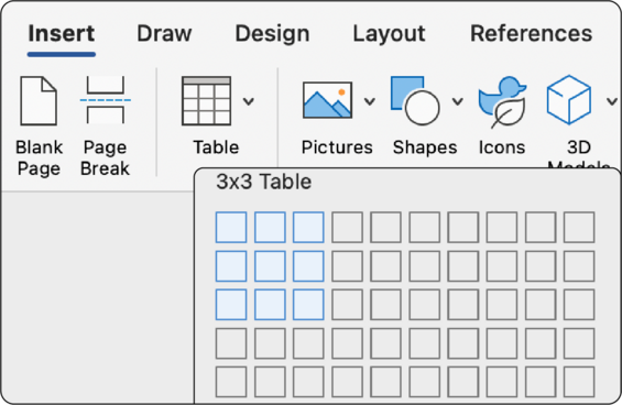 insert in the word toolbar, with table selected, showing panel choose choose number of rows and columns