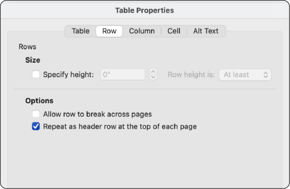 Table properties panel in word, the row tab selected showing row options