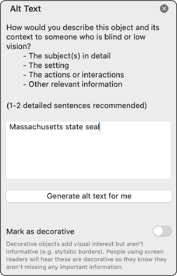 The alt text panel in word with "Massachusetts state seal" as an alt text description