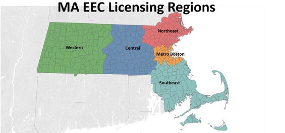 Map of EEC's licensing regions (Wester, Central, Northeast, Metro Boston, and Southeast)