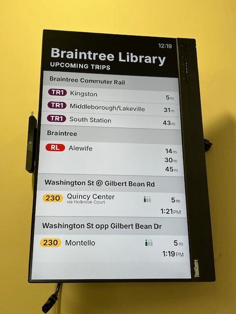 Thayer (Braintree) Public Library real-time transit screen 