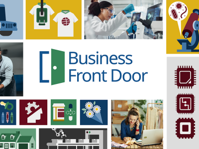 Business Front Door logo - image of a door opening with graphics depicting types of businesses such as life sciences, healthcare, manufacturing, retail, childcare and others 