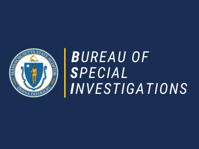 Blue tile has seal of the Auditor's office in the background and reads Bureau of Special Investigations.