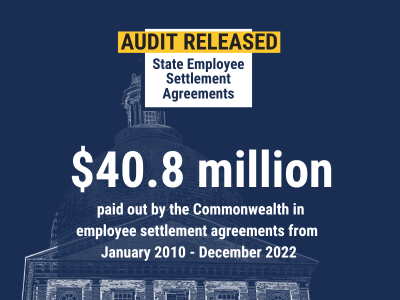 Blue tile with text that reads audit released state employee settlement agreements $40.8 million paid out by the Commonwealth in employee settlement agreements from January 2010 to December 2022