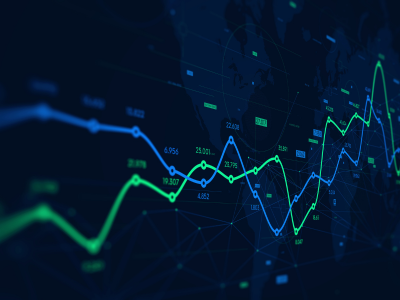 data projected as a blue and green line graph