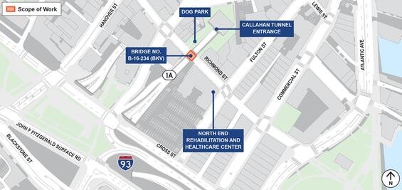 Map of the project area with labels pointing to the bridge, Callahan tunnel entrance, North End Rehab Center, and Dog park.