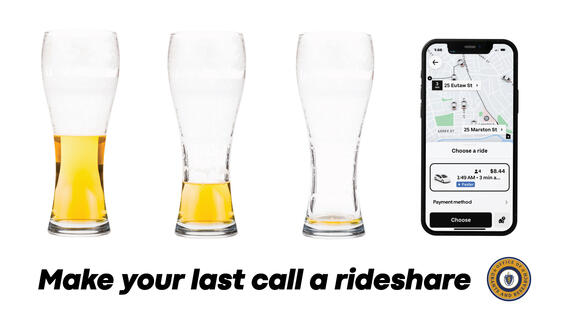 Three glasses of beer placed in a row, with each glass appearing emptier than the last. Next to the near empty glass is a cell phone with a ride share app open. Image text state, "Make Your Last Call a Ride Share."