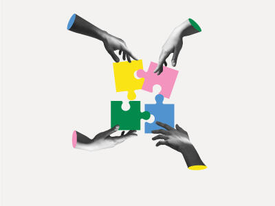 Research: four hands each holding a puzzle piece towrds the center