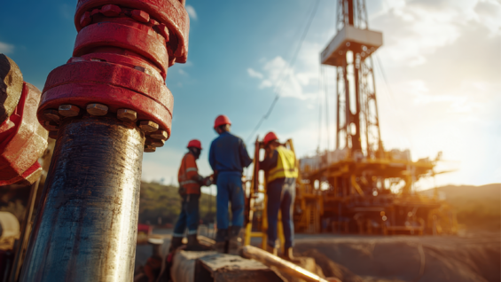 Workers assembling pipes