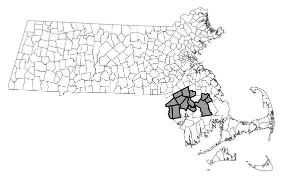 Map showing the distribution of this species in Massachusetts, Ambystoma laterale pop.2