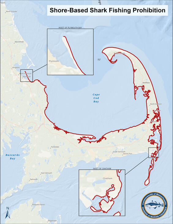 Map showing where shore-based shark fishing is prohibited.
