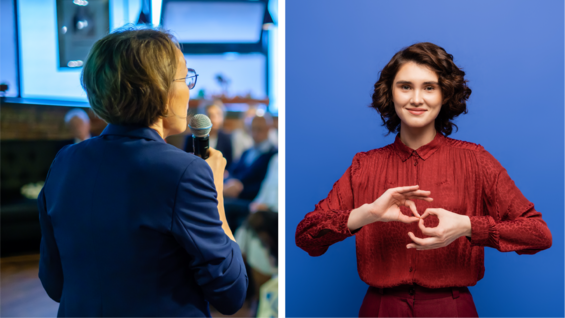 ASL interpreter split screen beside primary video