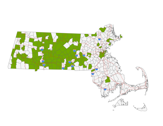 Map showing the distribution of bobcat harvest reports in Massachusetts.