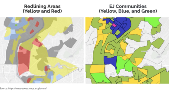 Two side by side maps comparing redlining areas and environmental justice communities.