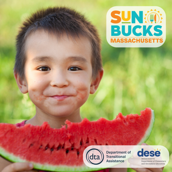 Picture of a boy eating a big piece of red watermelon outside, the SUN Bucks, DTA, and DESE logos
