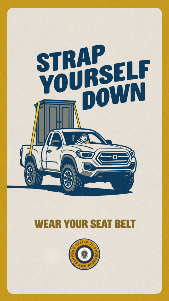 Cargo is strapped down in the bed of a truck, and the driver is strapped down with a seat belt.