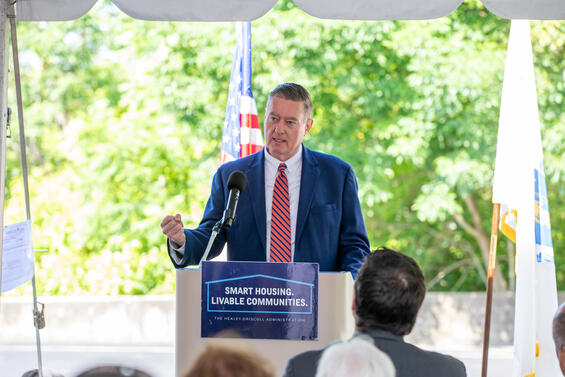 Secretary Augustus addresses the crowd at the 2025 Supportive Housing Grant Awards announcement in Brockton,