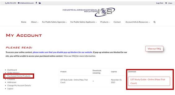 Screenshot of the I/O Solutions web page with the Study Guide linked on the right side of the page in a red box