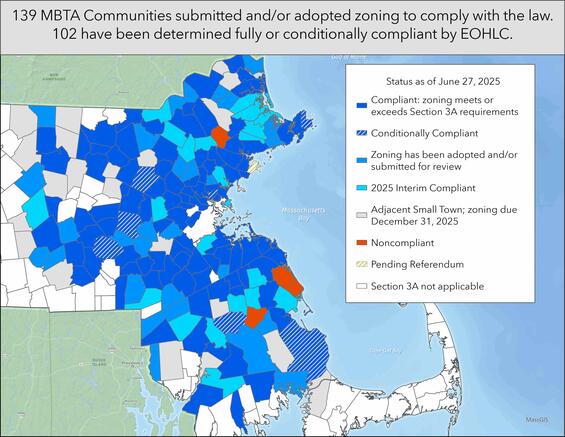 Compliance status for MBTA Communities as of June 27, 2025