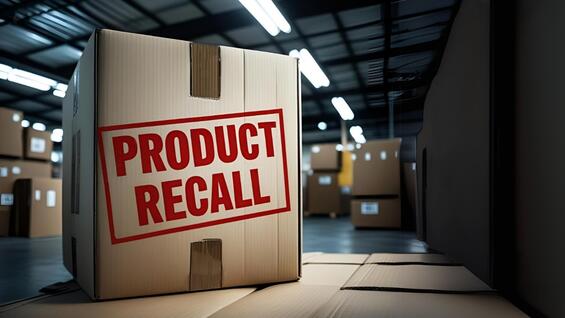 Cardboard box in warehouse with "Product Recall" stamped on the front.