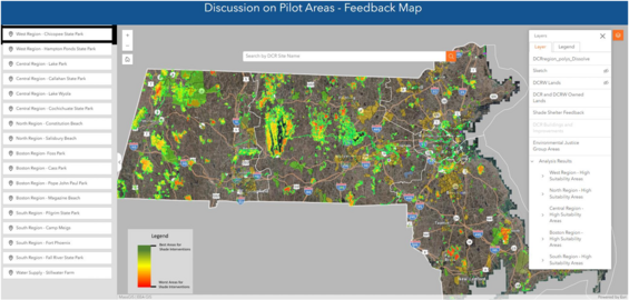 AA map of Massachusetts with colored areas highlighting locations optimal for shade interventions.