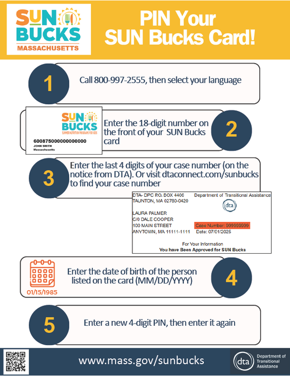 Step-by-step instructions to PIN your SUN Bucks card. Step 1, call 800-997-2555 and select your language. Step 2, Enter the 18 digit number on your SUN Bucks card. Step 3, enter the last 4 numbers of your case number. Step 4, Enter the date of birth of the person listed on the card. Step 5, enter a new 4-digit PIN.