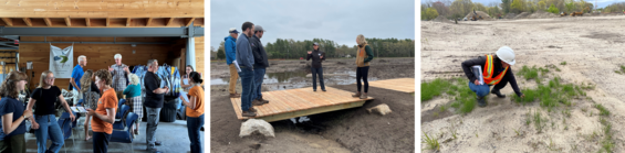 Three images of people socializing in a large room, speaking on a new bridge on a restoration construction site, and inspecting vegetation.