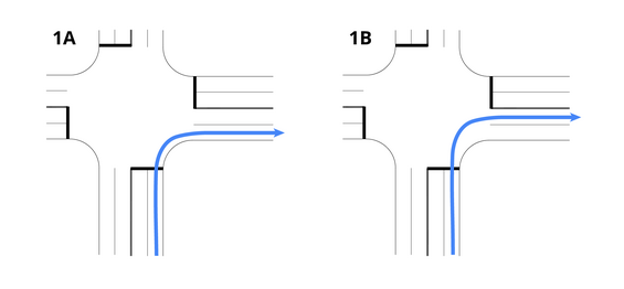 Plan view of two intersections with paths showing typical design vehicle right-turn maneuvers: outside lane to outside lane or outside lane to inside lane.