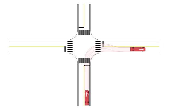 Plan view of an intersection with a path demonstrating the typical control vehicle maneuver for a right-turn.