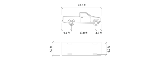 Cross section and plan view of a light-duty pick-up truck.