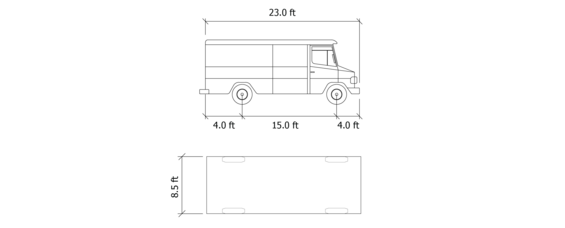 Cross section and plan view of a delivery truck.