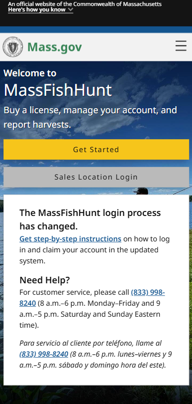 screenshot showing how to log into MassFishHunt