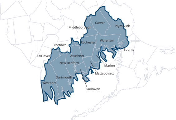 A map showing the boundary of the Buzzards Bay Watershed Restoration Partnership.
