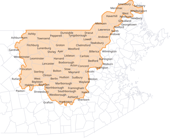 A map showing the boundary of the Merrimack Restoration Partnership.