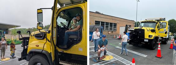 Two views of front of construction trucks
