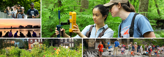 A collage image of youth bird watching, environmentalist measuring water quality, people watching the sunset on a dock in Boston, a neighborhood community garden, and youth and families fishing.