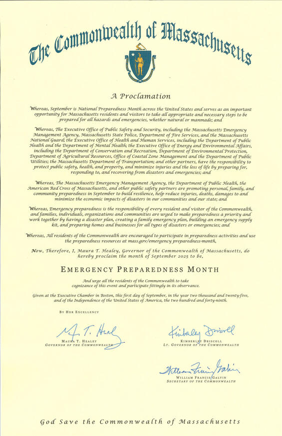 Governor Maura Healey has declared September 2025 as Emergency Preparedness Month.