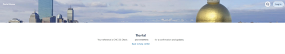 Example submission confirmation message with a reference number and instructions to check your email for updates.