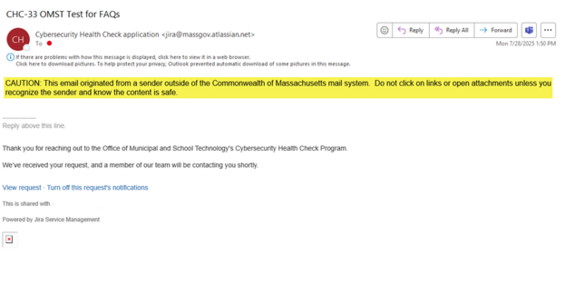 Example confirmation email from sender jira@massgov.atlassian.net.