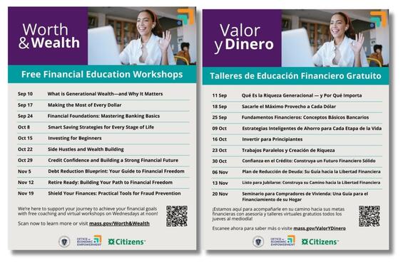 A printable 8.5" x 11" double-sided flyer. Side 1 features a list of English financial education workshop topics and dates with a QR code directing to mass.gov/Worth&Wealth. Side 2 features a list of Spanish financial education workshop topics and dates with a QR code directing to mass.gov/ValoryDinero. 