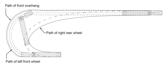 Plan view of an interstate semi-trailer and the swept path for a sharp right turn.