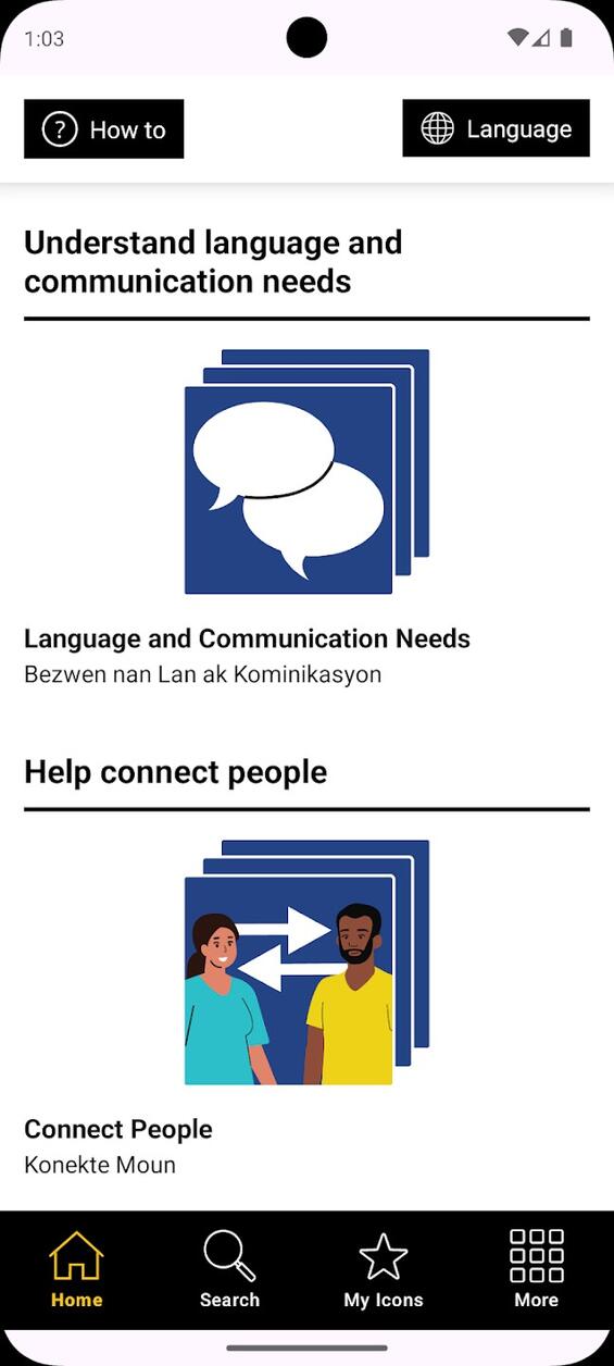 Show Me app main menu categories: Understanding language and communication needs and Help connect people.