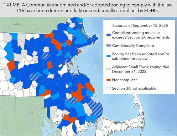 Map showing compliance status of MBTA Communities cities and towns