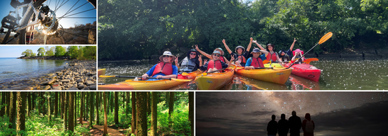 A group of people sitting in kayaks raising their arms, and various natural environments in a collage.