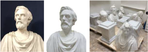 Bust of George Boutwell, before and after cleaning and repair; treated busts and pedestals await return to the State House