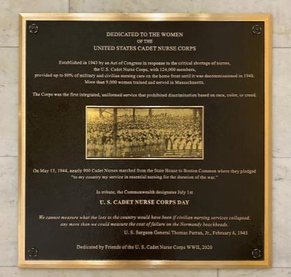Closeup of the Cadet Nurse Corps. brass plaque